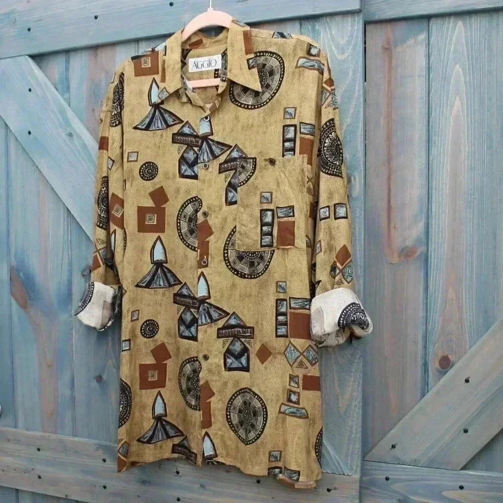 Mens Vintage 80s Abstract Print Button Down Shirt Rayon Burning Man Aggio - Picture 7 of 7
